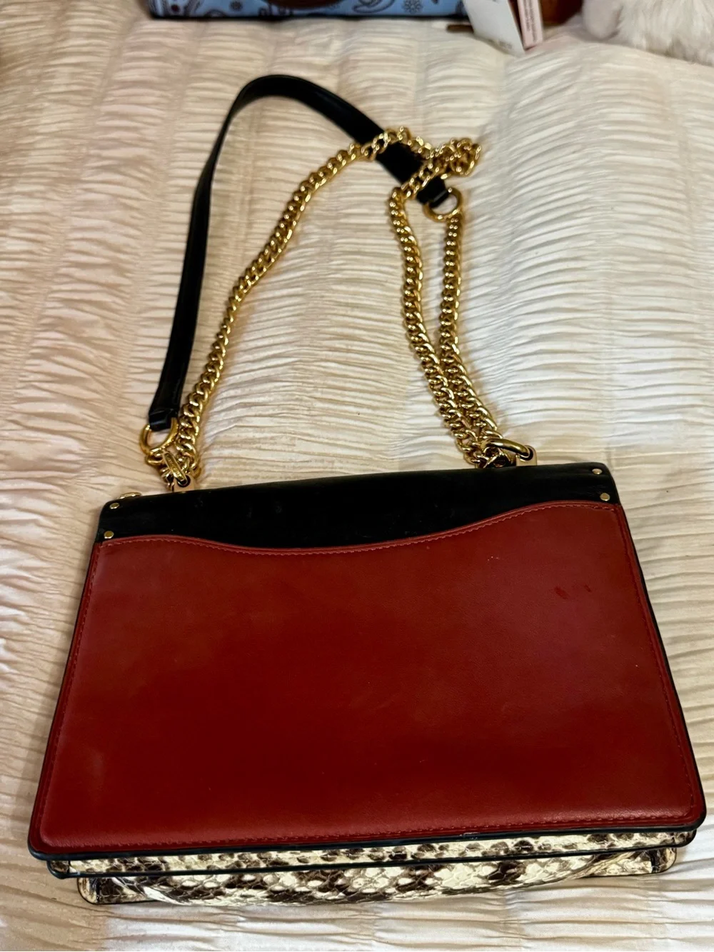Coach Mixed-Material Black, Brown & Rust Shoulder Bag with Gold Chain